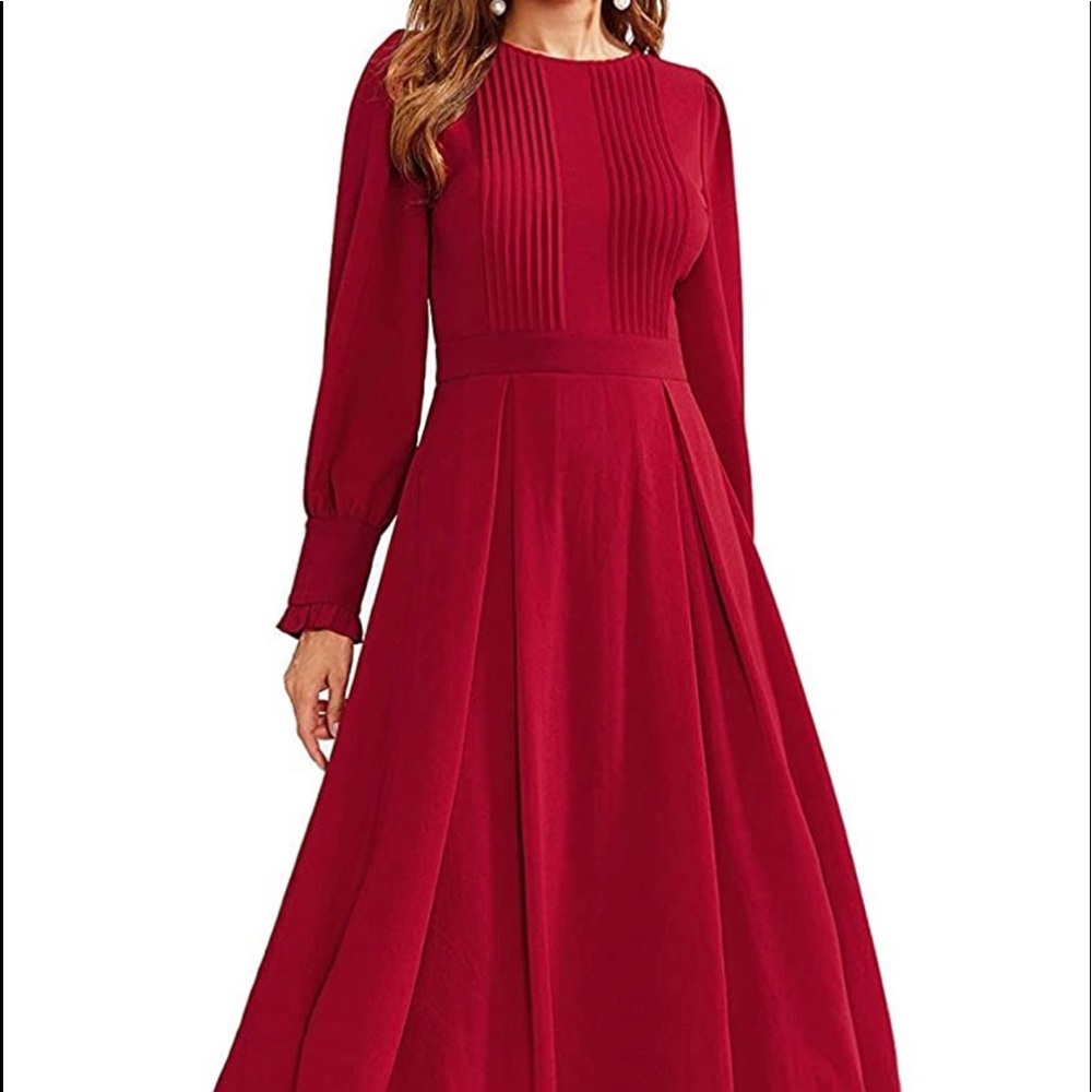 Wmns Frilled Long Sleeve Pleated Fit & Flare Dress